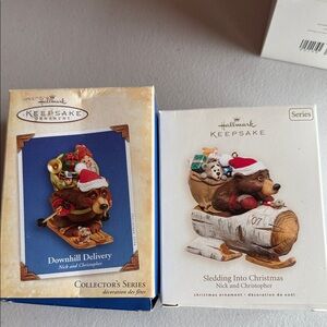 Hallmark nick & Christopher Ornaments - downhill delivery and sledding into Xmas